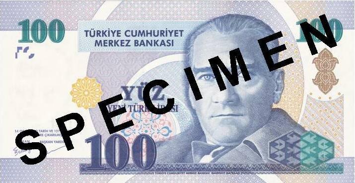 100 new Turkish Lira banknote Actual Size Image