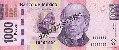 1000 Mexican peso note Actual Size Image