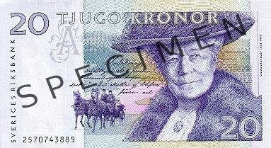 20 Swedish Krona banknote Actual Size Image