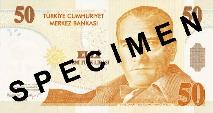 50 new Turkish Lira banknote Actual Size Image