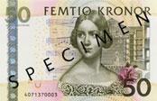 50 Swedish Krona banknote Actual Size Image