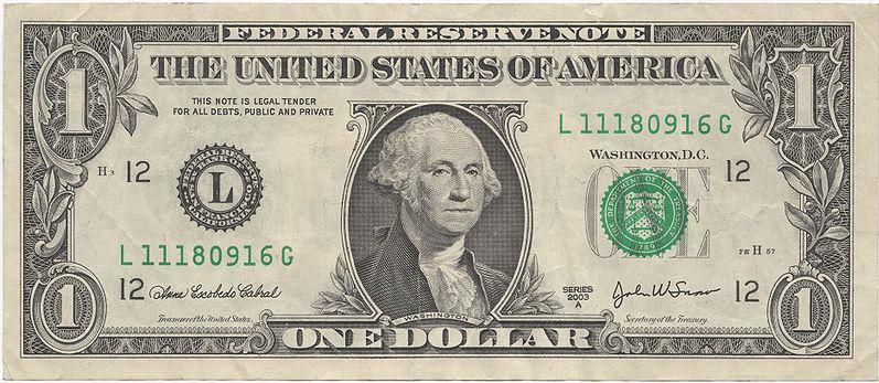 American 1 Dollar bill Actual Size Image