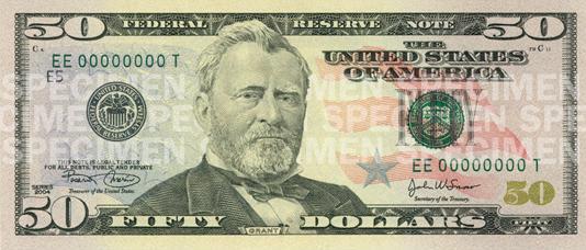 American 50 dollar bill Actual Size Image