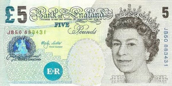 British 5 Pound Note Actual Size Image