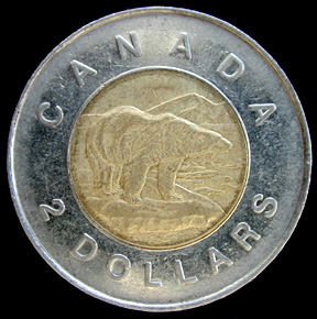 Canadian two dollars (toonie) Actual Size Image