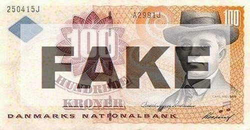 Dansk 100 kroner bill hundred kroner Actual Size Image