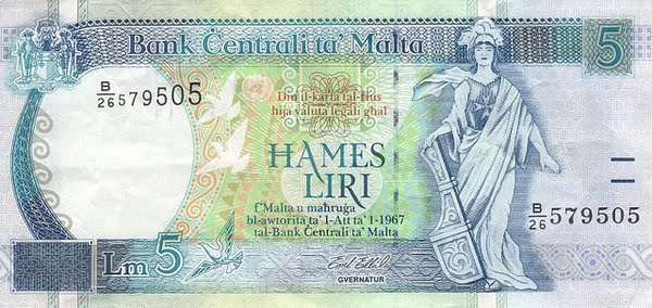 Five Maltese Liri Note Actual Size Image