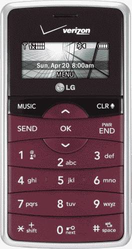 LG enV2 Maroon Phone (Verizon Wireless) Actual Size Image