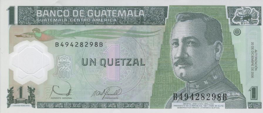 Quetzal Guatelmateco a ticket. Or Mondeda Guatemalteca 1 Quetazal. Actual Size Image