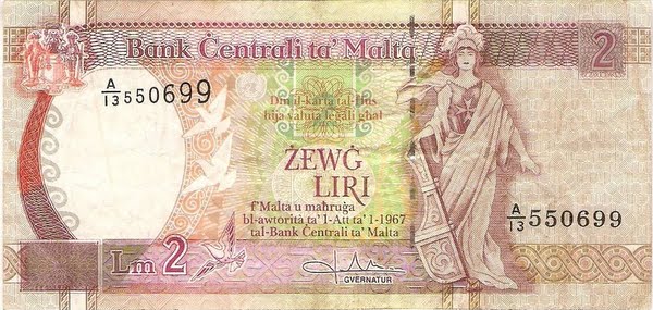 Two Maltese Liri Note Actual Size Image